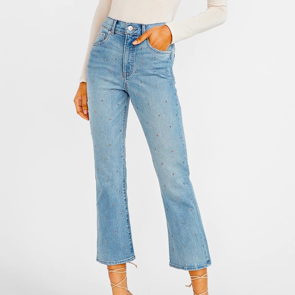 EXPRESS High Waisted Embellished Dot Cropped Flare Jeans
